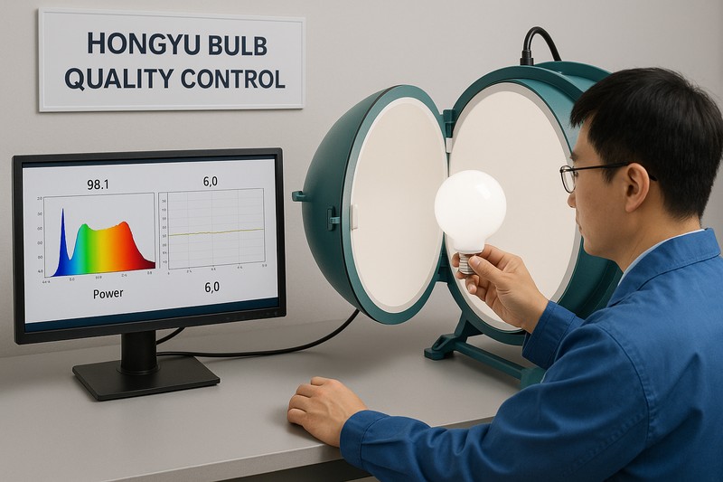 Technical Quality Control for Globe Bulbs An image of a quality control station at the Hongyu Bulb factory. An engineer is testing a G125 globe bulb in an integrating sphere, with graphs showing excellent CRI and stable power on a nearby monitor.