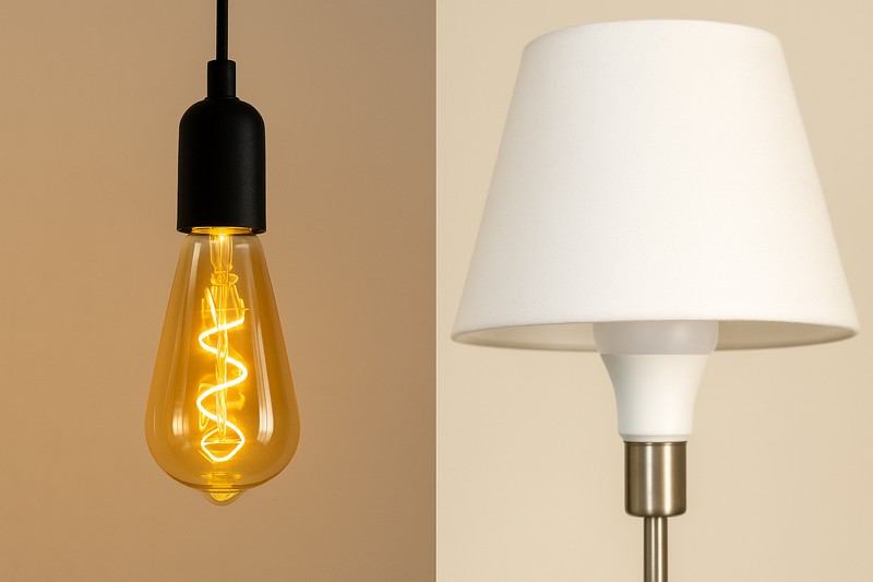 A split image. On the left, a beautiful amber ST64 hangs in an exposed-socket pendant light. On the right, a standard A19 is shown correctly installed under a classic white lampshade.