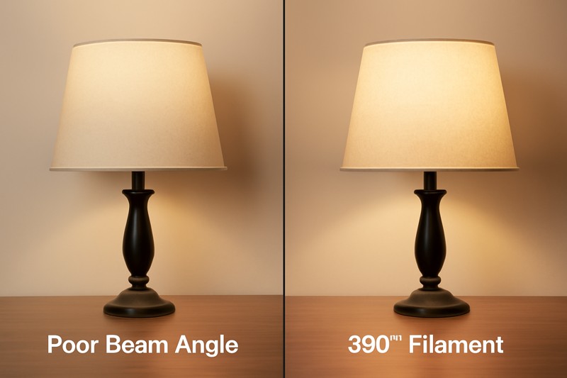 A comparative image showing two table lamps with identical shades. The lamp on the left uses a poor beam angle bulb, creating a harsh shadow line on the shade and a dark area on the table. The lamp on the right uses a 360-degree filament bulb, illuminating the entire shade and table evenly.