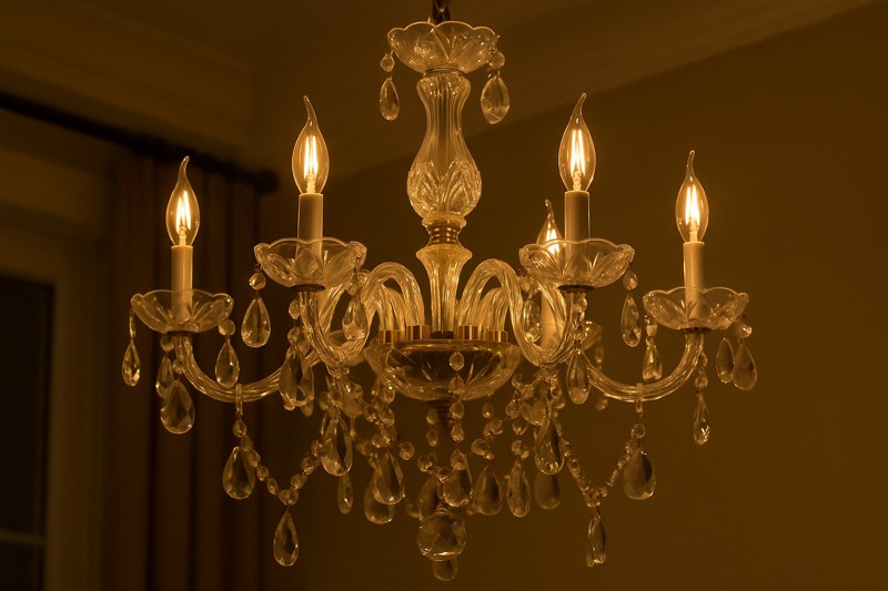 A beautiful crystal chandelier filled with C35 flame-tip filament bulbs, casting a warm, sparkling light and looking far more elegant than standard opaque candelabra bulbs.