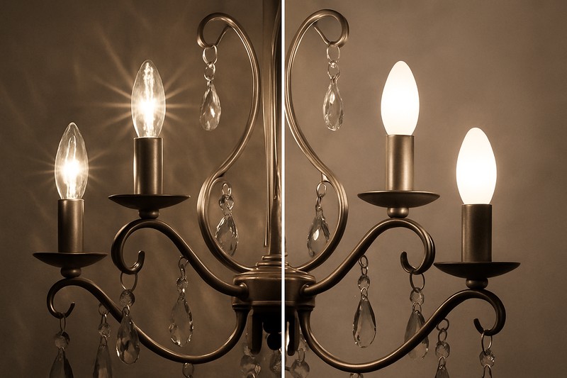 Clear vs. Frosted Bulb Light Distribution A split image showing the same chandelier: the left side has clear candelabra bulbs creating sharp shadows and sparkle, while the right side has frosted bulbs creating a soft, even, and glare-free glow.
