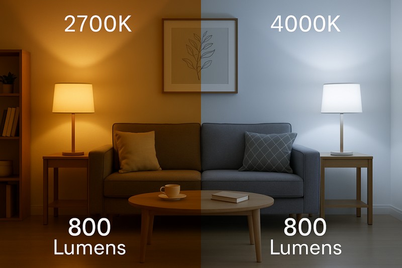 A split-screen image. The left side shows a cozy living room lit with a warm 2700K light. The right side shows the same room lit with a cool, crisp 4000K light. Both have an "800 Lumens" label, but the feel is completely different.