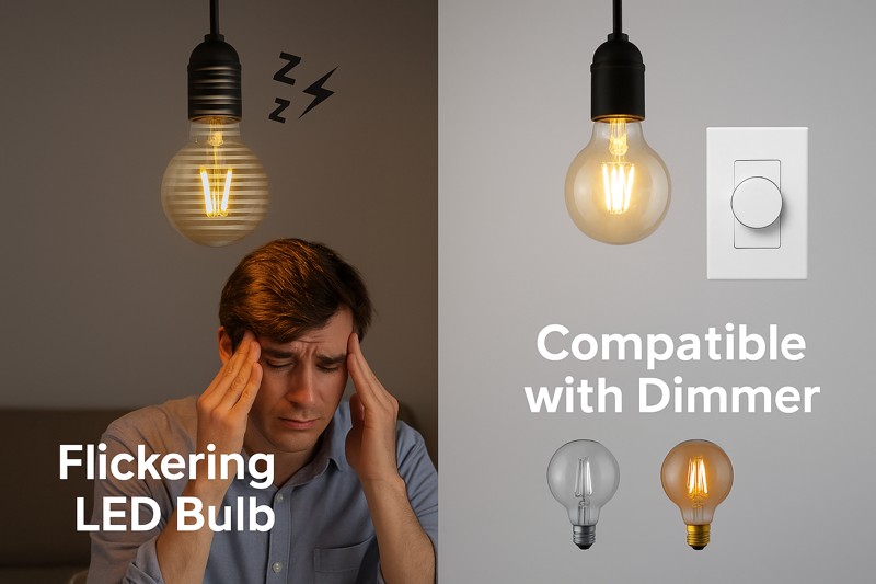 An image showing a split screen. On the left, a flickering, buzzing LED bulb with a frustrated person looking at it. On the right, the same bulb glowing smoothly with a compatible dimmer switch pictured next to it.