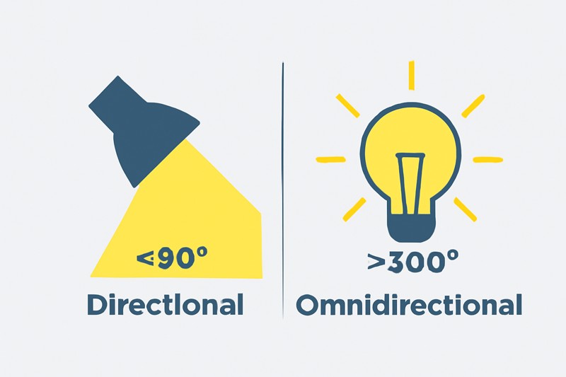 A diagram clearly shows the difference. On one side, a spotlight with a narrow cone of light labeled "Directional <90°". On the other, a filament bulb with light radiating out in all directions, labeled "Omnidirectional >300°".
