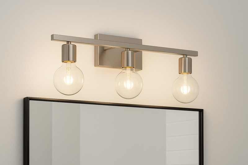 A sleek, modern bathroom vanity with three G95 globe bulbs with a clear finish, providing bright, even light. The clean lines contrast with the vintage feel of an ST64.