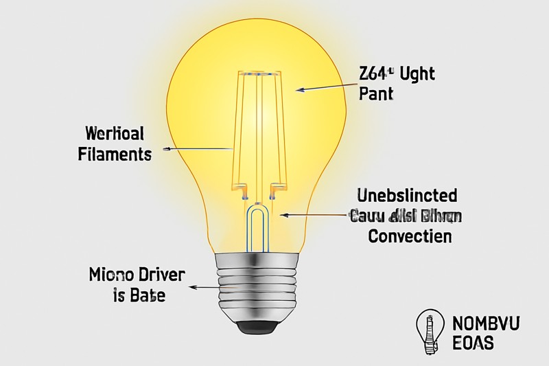 A cutaway view of a high-quality Hongyu Bulb filament bulb. It points out the "Vertical Filaments," the "Micro-Driver in Base," and the "Unobstructed Glass-to-Base Connection," showing how all three contribute to a 360° light path.