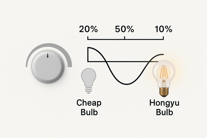 Dimming Range: The Quality of the Driver Matters An image of a dimmer knob with percentages. It shows a cheap bulb icon turning off at 20%, while a premium Hongyu Bulb icon continues to glow softly all the way down to 1%.