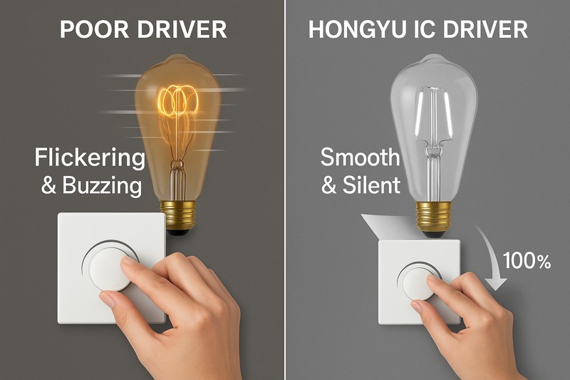 An animation or split image showing a hand turning a dimmer knob. One side, labeled "Poor Driver," shows the bulb flickering and buzzing. The other side, labeled "Hongyu IC Driver," shows the bulb dimming smoothly and silently from 100% to 10%.