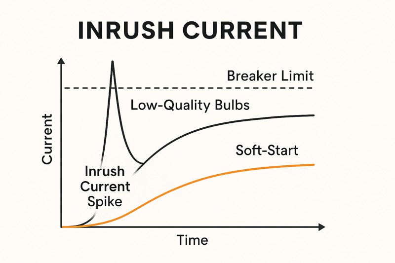 Inrush Current Spike vs. Soft-Start Technology A graph showing a massive "inrush current" spike from low-quality bulbs tripping a breaker, contrasted with a gentle, ramp-up curve from soft-start bulbs that stays well below the breaker limit.