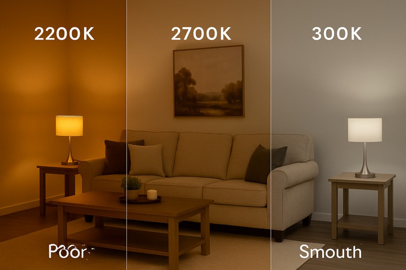 A side-by-side comparison image showing three identical living room settings. The first is lit with a very warm, amber 2200K light. The second with a classic, inviting 2700K. The third with a crisp, neutral 3000K. Labels clearly indicate the Kelvin temperature for each.