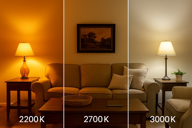 A cozy and inviting living room scene, warmly illuminated by several 2700K LED filament bulbs in various lamps. The light feels natural, comfortable, and highlights the colors of the decor accurately.