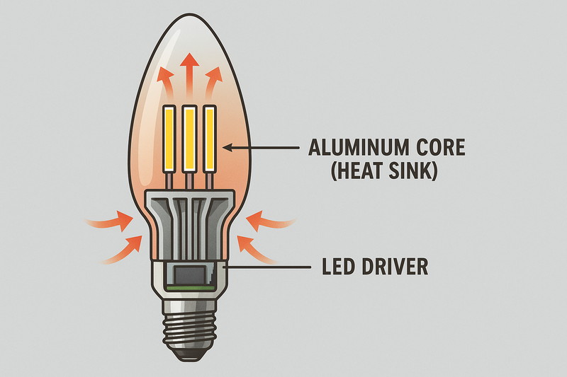 LED Bulb Thermal Management A cutaway view of a high-power candelabra bulb, showing an aluminum core (heat sink) pulling heat away from the LED chips and driver towards the base.