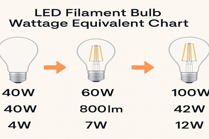 A clear and visually appealing LED filament bulb wattage equivalent chart. The chart shows incandescent bulbs (40W, 60W, 100W) next to their corresponding LED filament bulbs with lumen values (450lm, 800lm, 1600lm) and actual low wattages (4W, 7W, 12W