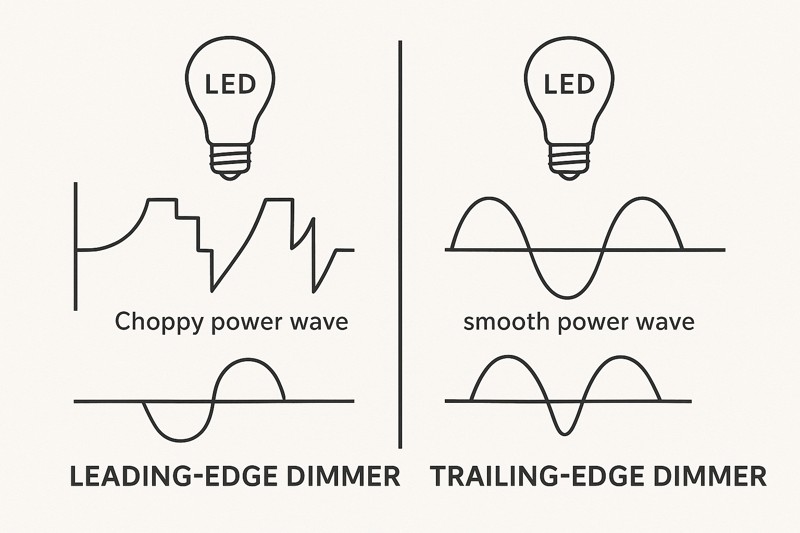 Leading-Edge vs. Trailing-Edge Dimmer Waveforms A simple diagram contrasting a Leading-Edge dimmer's "choppy" power wave with a Trailing-Edge dimmer's "smooth" power wave, showing how each interacts with an LED.