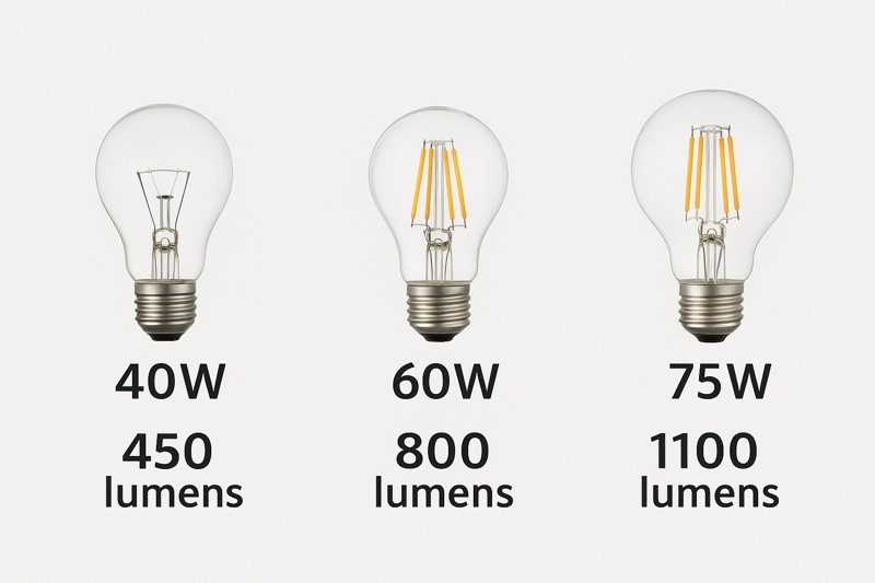 An infographic showing three bulbs side-by-side: a 40W incandescent next to a 450 lumen LED, a 60W incandescent next to an 800 lumen LED, and a 75W incandescent next to an 1100 lumen LED