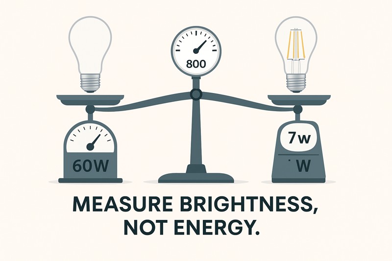 An infographic with two scales. One scale shows a watt meter, with an incandescent at 60W and an LED at 7W. The other scale shows a light meter, with both bulbs pointing to the same 800 lumen reading. The tagline reads: "Measure Brightness, Not Energy."
