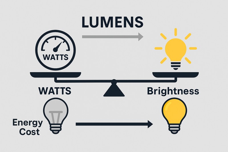 A simple visual scale. On one side, a power meter showing Watts. On the other side, an icon of a bright sun showing Lumens. An arrow points from Lumens to "Brightness" and from Watts to "Energy Cost."