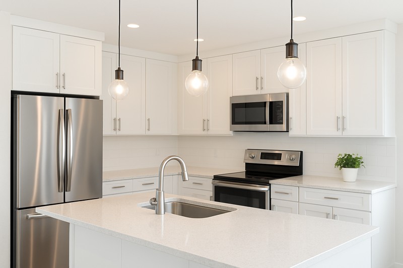 A bright, modern kitchen with white cabinets and stainless steel appliances. The space is lit by clear G95 filament globe bulbs emitting a crisp 3000K light, making the space feel clean and vibrant without being cold.