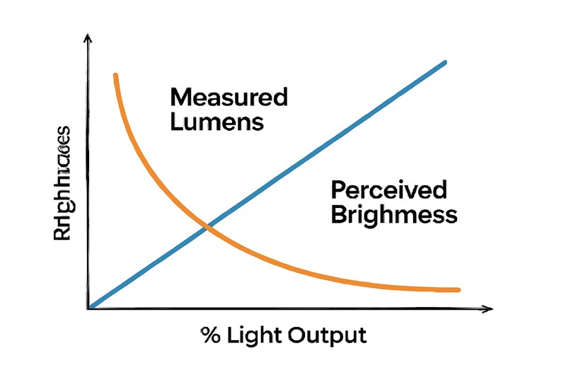 A graph showing two lines. One is a straight, linear line labeled "Measured Lumens." The other is a steep curve labeled "Perceived Brightness," showing that perceived brightness drops off much faster than measured lumens.