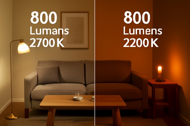 A side-by-side comparison. On the left, a room lit by a functional 800 lumen 2700K bulb feels bright. On the right, the same room lit by a decorative 800 lumen 2200K bulb feels much dimmer and more atmospheric.