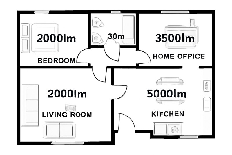 A floor plan of a house with different lumen values overlaid on each room. The kitchen and home office show high lumen values, while the bedroom and living room show lower, cozier values.