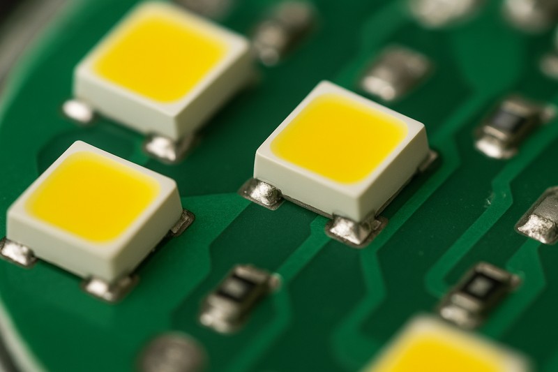 SMD LED Chips on a Circuit Board A close-up, macro photo of a circuit board inside a candelabra bulb, showing several bright, yellow squares—the SMD LED chips—soldered onto the board.