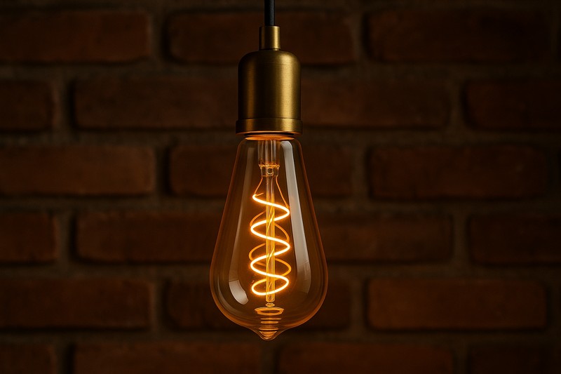 A classic amber glass ST64 LED filament bulb with a spiral filament, glowing warmly in a minimalist brass pendant fixture against a brick wall.