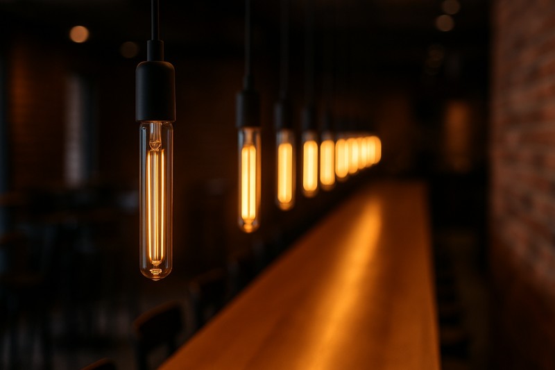 A row of T30 tubular filament bulbs installed in a row of narrow, exposed-socket pendants hanging over a long bar top, creating a "waterfall of light" effect.