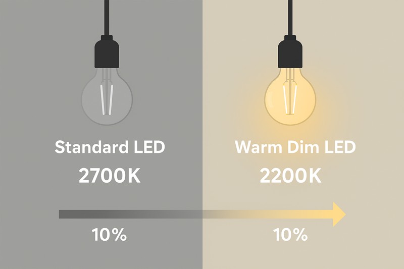 An animation showing two bulbs dimming. The "Standard LED" stays the same 2700K color and just gets grey and dim. The "Warm Dim LED" starts at 2700K and shifts smoothly down to a 2200K amber glow as it dims.