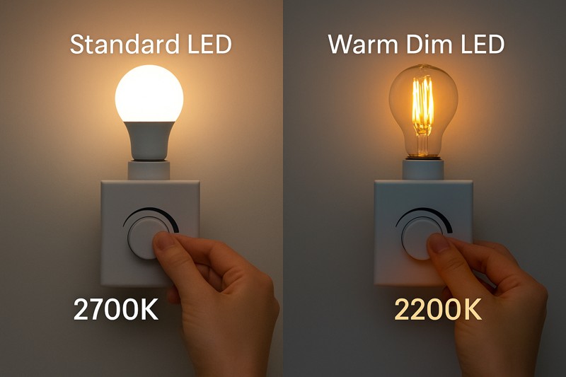 Standard Dimming vs. Warm Dim Technology An animation showing two bulbs dimming. The "Standard LED" stays the same 2700K color and just gets grey and dim. The "Warm Dim LED" starts at 2700K and shifts smoothly down to a 2200K amber glow as it dims.