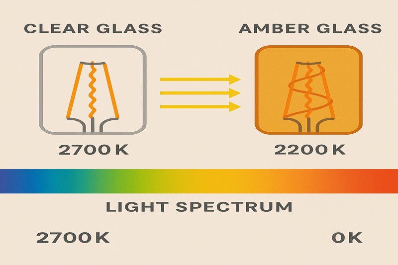 An infographic showing a light spectrum. A light wave from an LED filament (labeled 2700K) passes through a layer of clear glass unchanged. The same wave passes through a layer of amber glass and the resulting wave is shifted to the warmer end of the spectrum (labeled 2200K).