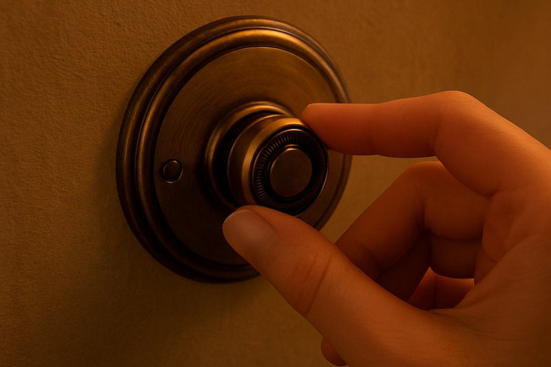 A close-up of a beautiful, antique brass dimmer knob on a wall, with a hand elegantly turning it. The light in the room is shown dimming smoothly and perfectly without any visible flicker.
