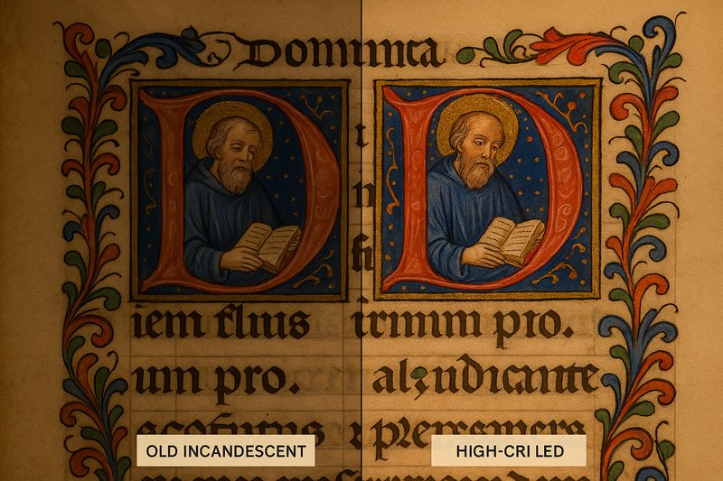 A split image showing an old, illuminated manuscript or a painting. The left side is lit by an old incandescent bulb, showing a slight fade. The right side is lit by a high-CRI LED, and the colors look rich, vibrant, and perfectly preserved.