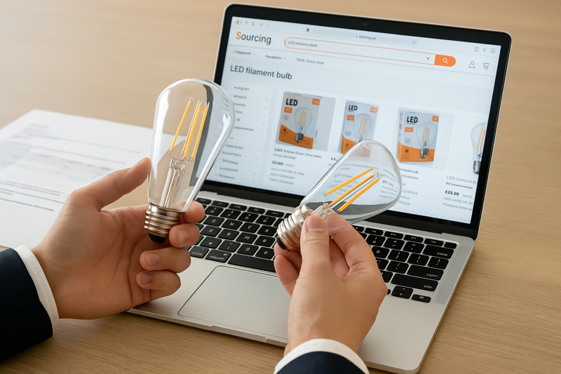 A professional buyer is sitting at a desk with a laptop open to a B2B sourcing website, while also physically examining an LED filament bulb in their hand, looking for quality markers