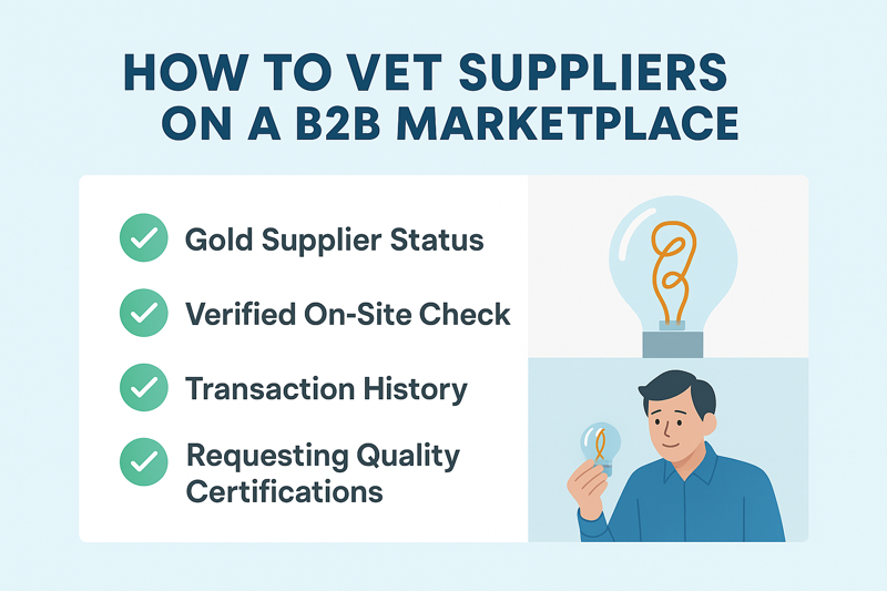 An infographic showing a checklist for vetting a supplier on a B2B marketplace, with items like "Gold Supplier Status," "Verified On-Site Check," "Transaction History," and "Requesting Quality Certifications."