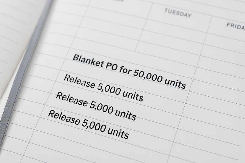 An image of a calendar or planner. One entry is for a "Blanket PO for 50,000 units." Subsequent monthly entries show "Release 5,000 units," "Release 5,000 units," etc., illustrating a planned, long-term purchasing strategy.