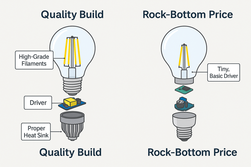 An "exploded view" diagram of two bulbs. The first, labeled "Quality Build," shows a robust driver, high-grade filaments, and a proper heat sink. The second, labeled "Rock-Bottom Price," shows a tiny, simple driver, flimsy filaments, and no heat management.