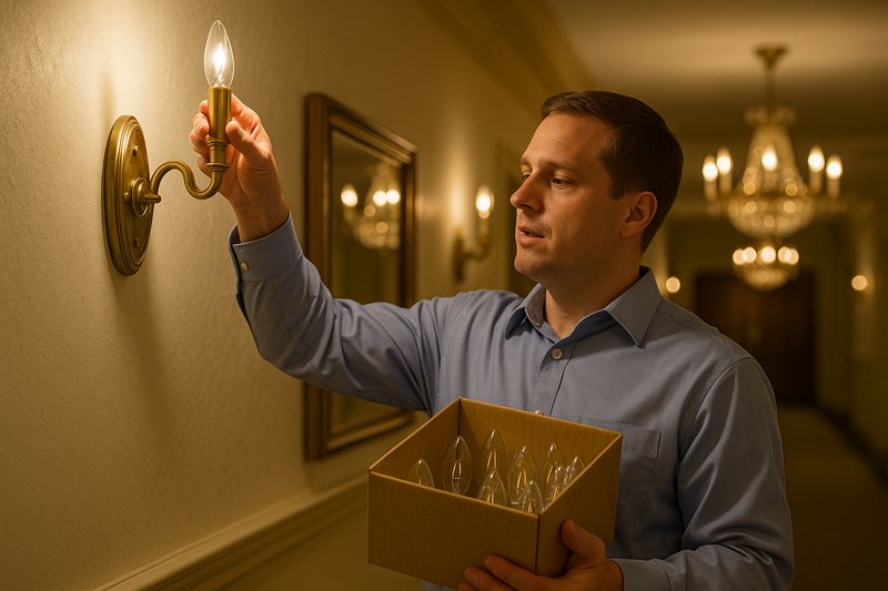 A hotel maintenance worker easily swapping out multiple bulbs at once during a planned service, contrasting with the idea of emergency, one-off replacements on a tall ladder.