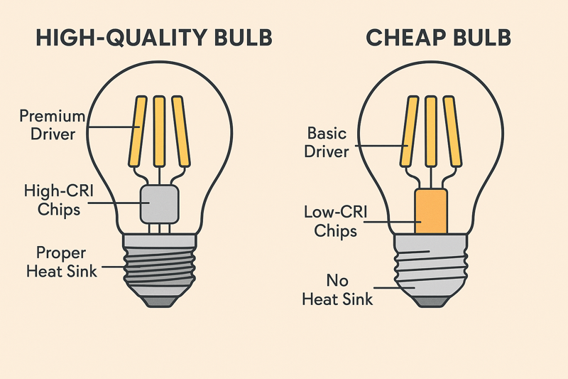 The Hidden Dangers of a Low-Priced Bulb A side-by-side comparison. Left: a diagram of a high-quality bulb showing robust components labeled "Premium Driver," "High-CRI Chips," "Proper Heat Sink." Right: a diagram of a cheap bulb with flimsy components labeled "Basic Driver," "Low-CRI Chips," "No Heat Sink."
