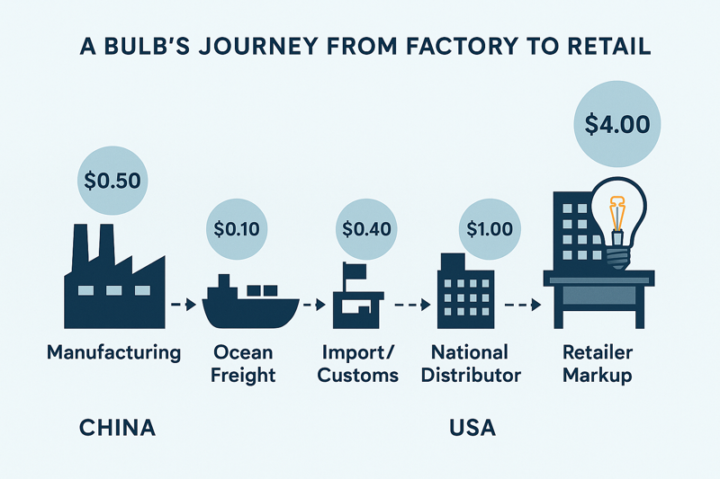 The Supply Chain's Effect on Bulb Price An infographic flowchart showing a bulb's journey from a factory in China to a retail shelf in the USA, with cost bubbles added at each step: Manufacturing, Ocean Freight, Import/Customs, National Distributor, Retailer Markup, Final Price.