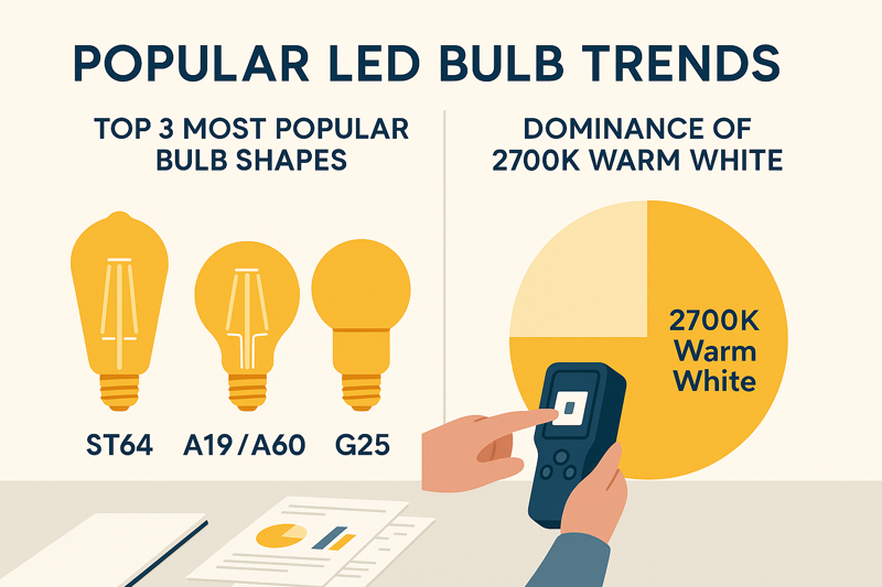 An infographic-style image showing the top 3 most popular bulb shapes (ST64, A19/A60, G25) and a pie chart showing the dominance of 2700K Warm White color temperature