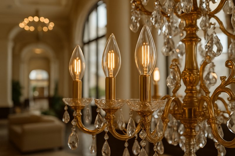 A stunning, ornate chandelier in a hotel lobby, switched off during the daytime. The camera is focused on the beautifully shaped, amber-tinted candelabra bulbs, highlighting their elegant filaments