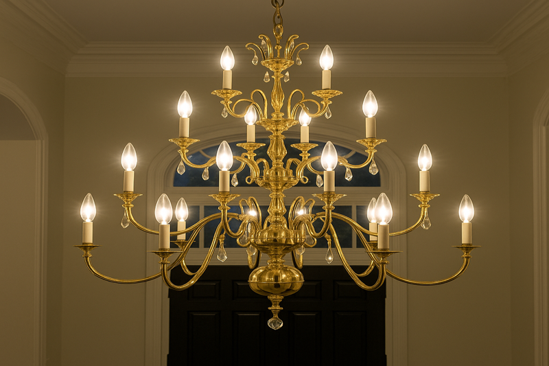 A brightly lit, multi-tiered chandelier in a grand foyer, fully illuminated by high-lumen LED candelabra bulbs, shining brilliantly and cleanly