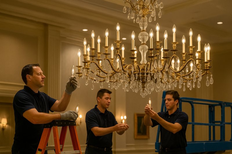 An installation team working on a massive, multi-bulb chandelier in a hotel ballroom. They are shown carefully installing dozens of bulbs, with the expectation that they won't have to touch them again for many years.