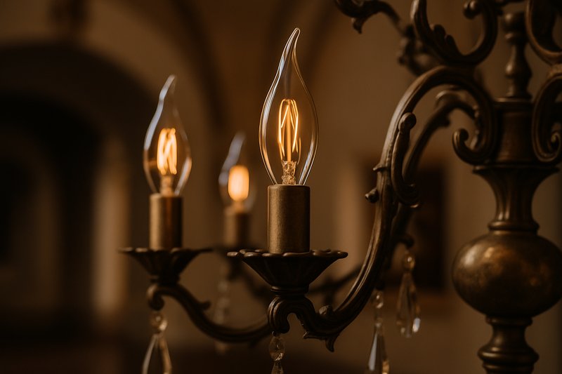 A close-up shot of a magnificent, unlit, vintage-style chandelier. The focus is on the beautiful, amber-tinted, bent-tip candelabra bulbs, showing how their shape and filament are a crucial part of the fixture's overall design.