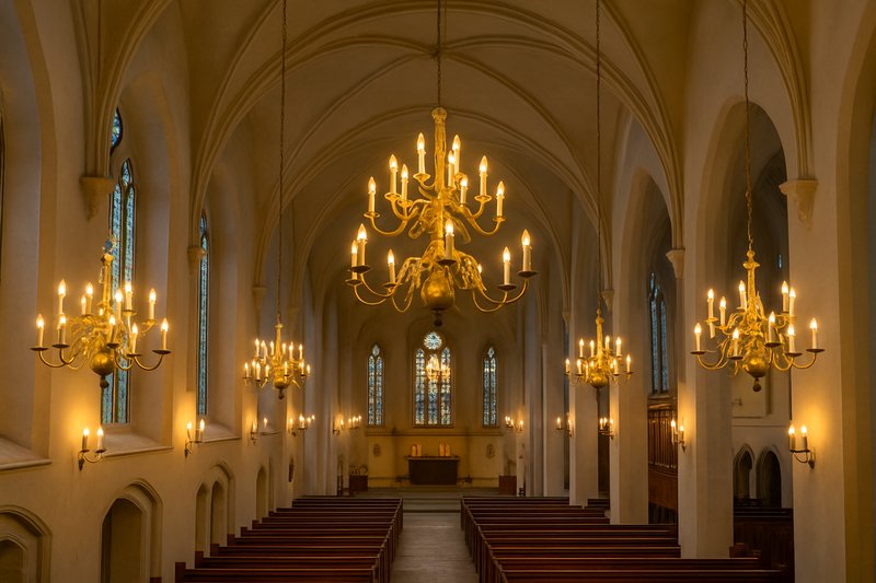 A wide shot of a magnificent, historic church interior, with its high vaulted ceiling and ornate chandeliers all lit with a warm, reverent glow from LED candelabra bulbs