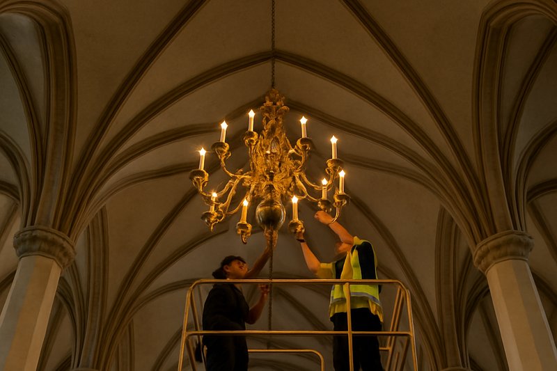 A dramatic photo looking straight up at a very high vaulted church ceiling, showing maintenance workers on a specialized scissor lift carefully reaching a large, ornate chandelier.