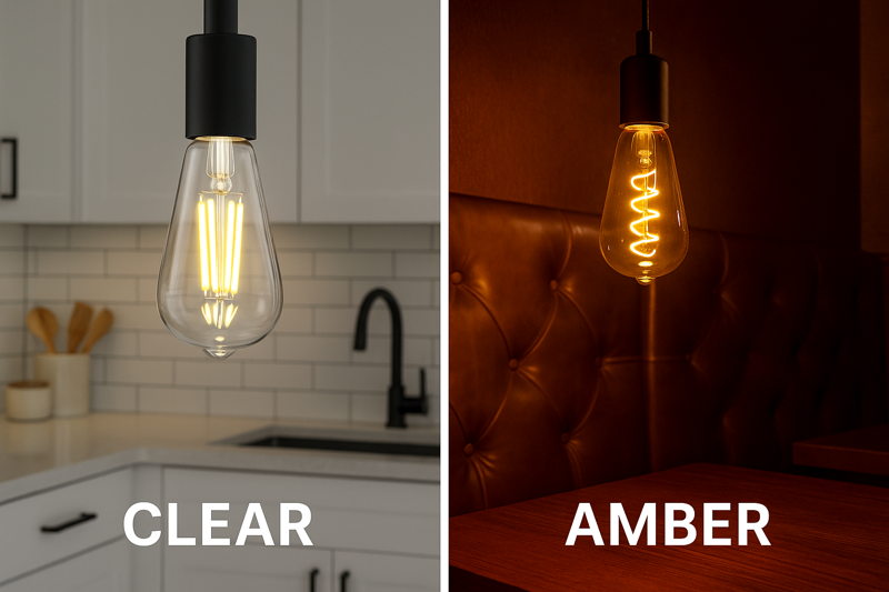 A side-by-side comparison photo. On the left, a clear ST64 bulb brightly illuminates a modern kitchen counter. On the right, an amber ST64 bulb casts a warm, golden glow in a cozy restaurant booth