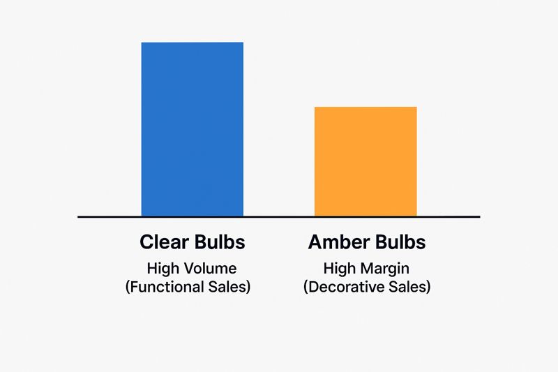 A simple bar chart showing sales trends. The bar for "Clear Bulbs" is labeled "High Volume (Functional Sales)." The bar for "Amber Bulbs" is slightly shorter but is labeled "High Margin (Decorative Sales)."
