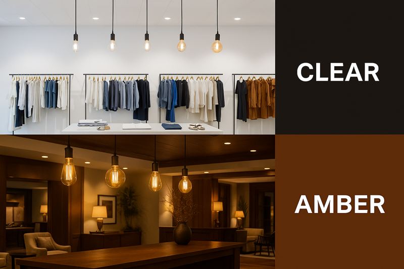A split image. The top half shows a bright, clean retail clothing store lit with clear filament bulbs. The bottom half shows a warm, inviting hotel lobby with amber filament bulbs in decorative fixtures.